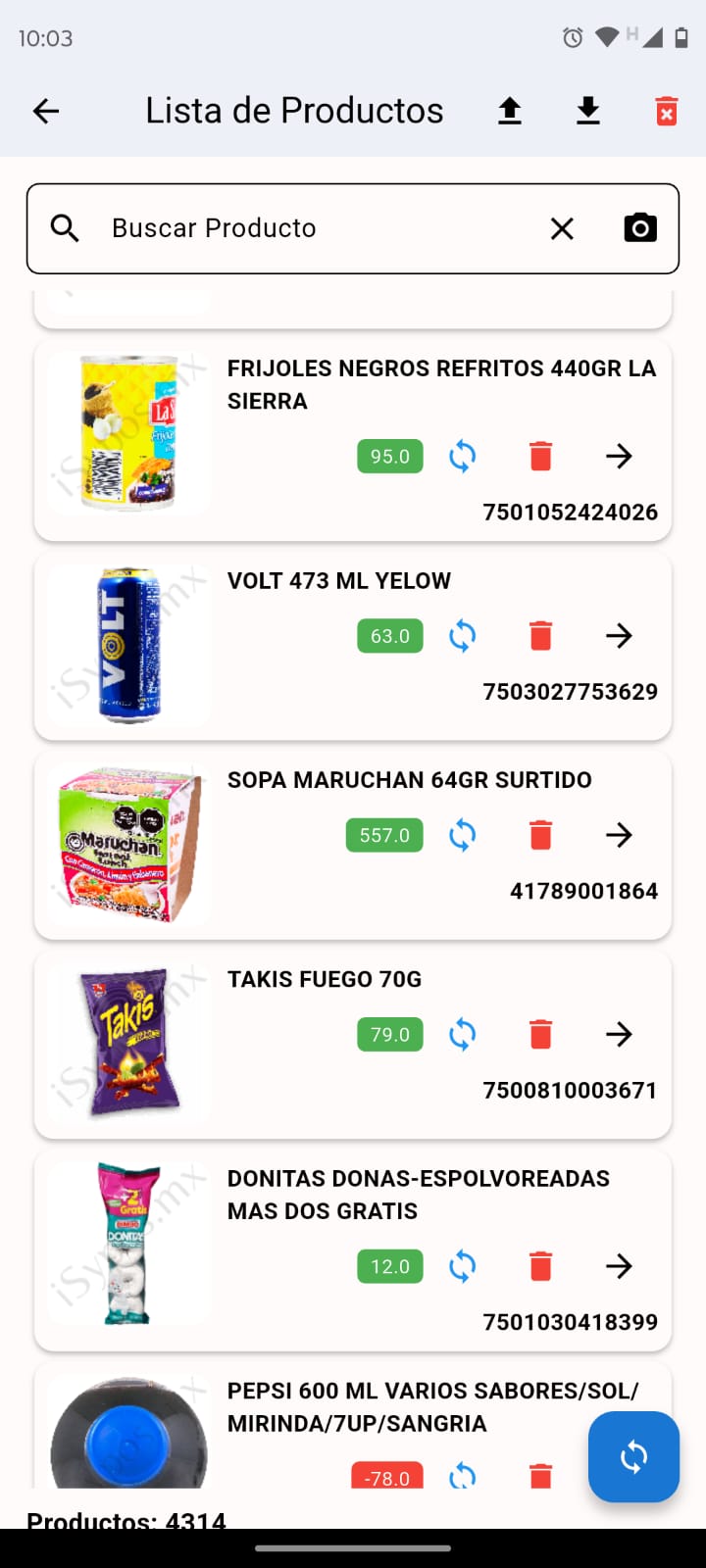 Lista de productos en la app movil iSypos